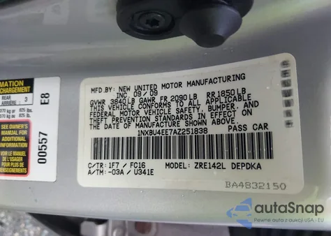 2010 Toyota Corolla Le z USA, uszkodzony, nr VIN 1NXBU4EE7AZ251838